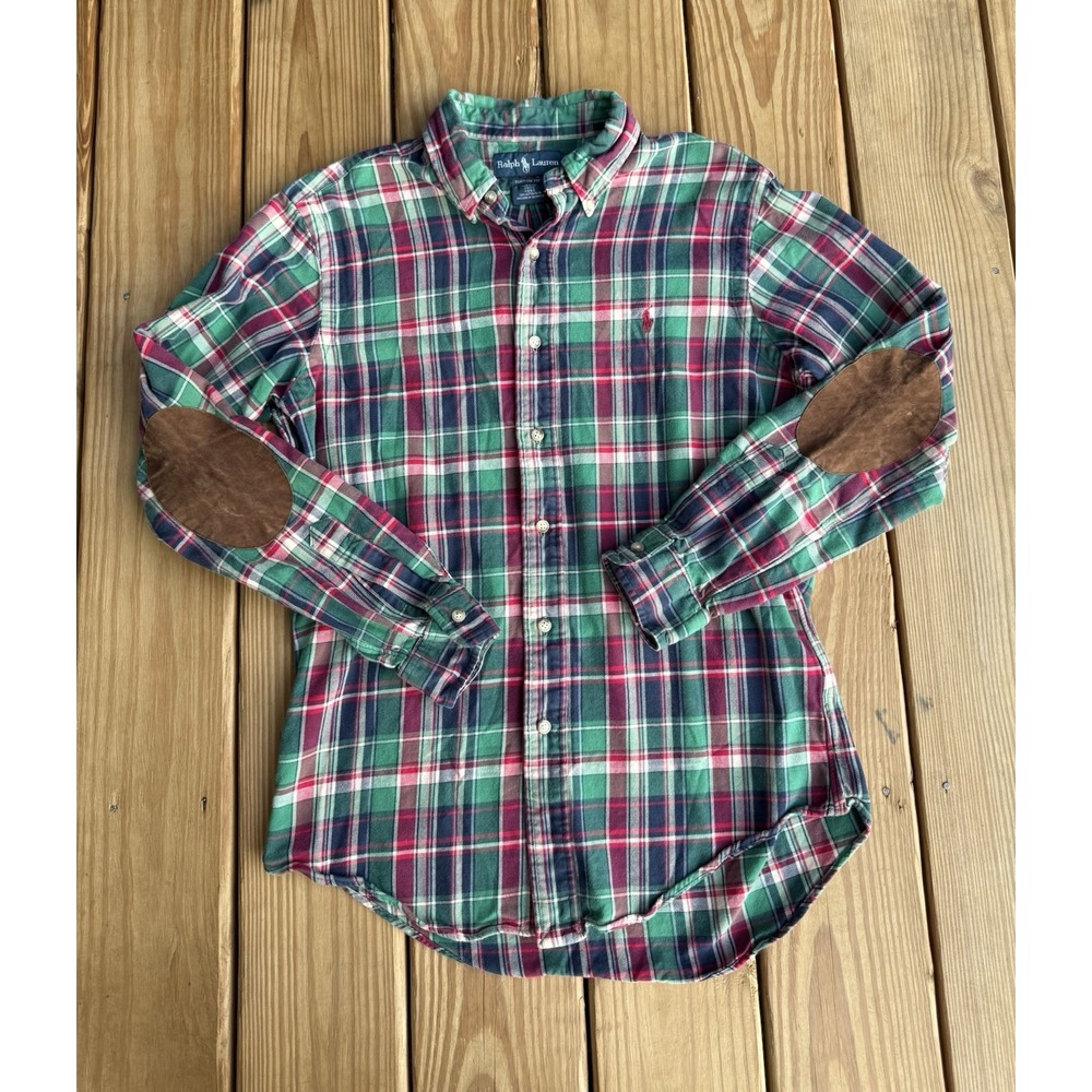 Ralph Lauren Long Sleeve Custom Fit Shirt Madras Plaid Suede Elbow Patch Men Med